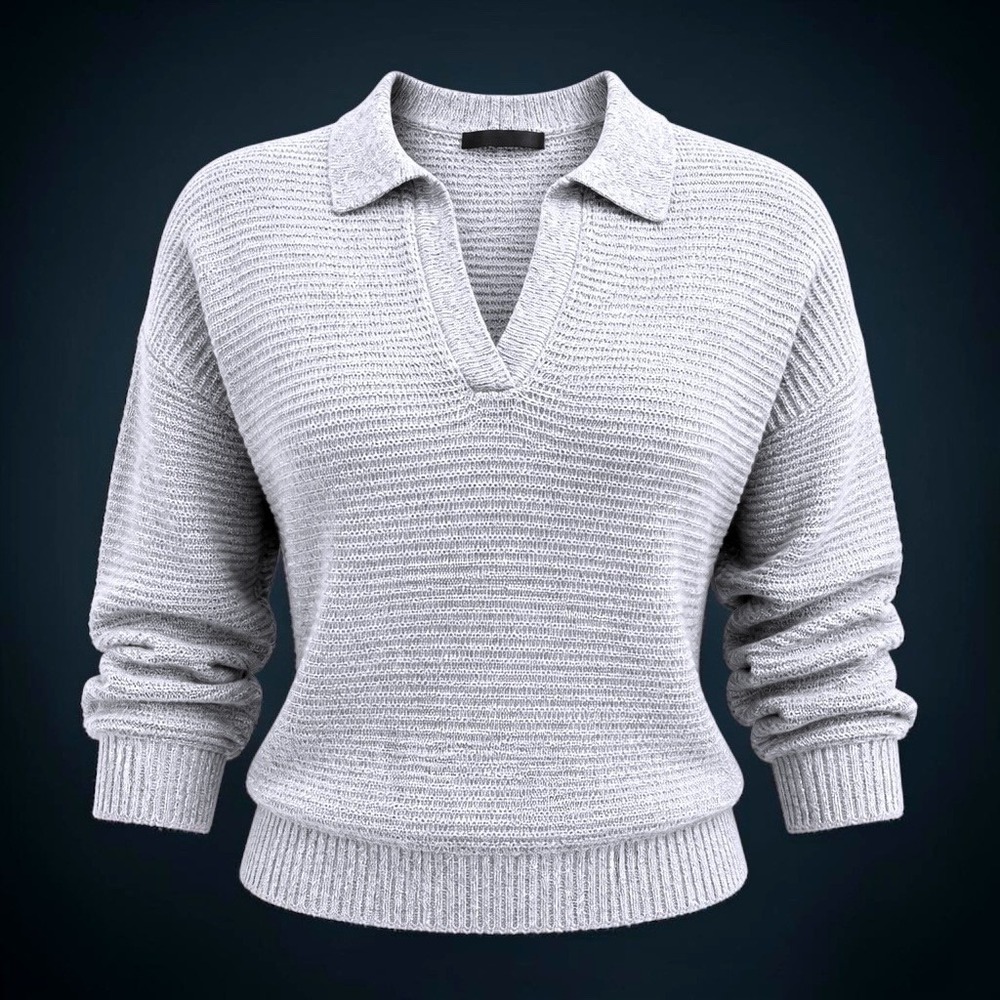 Grey Textured Knit Polo Sweater V-Neck Long Sleeve Drop Shoulder Size Large